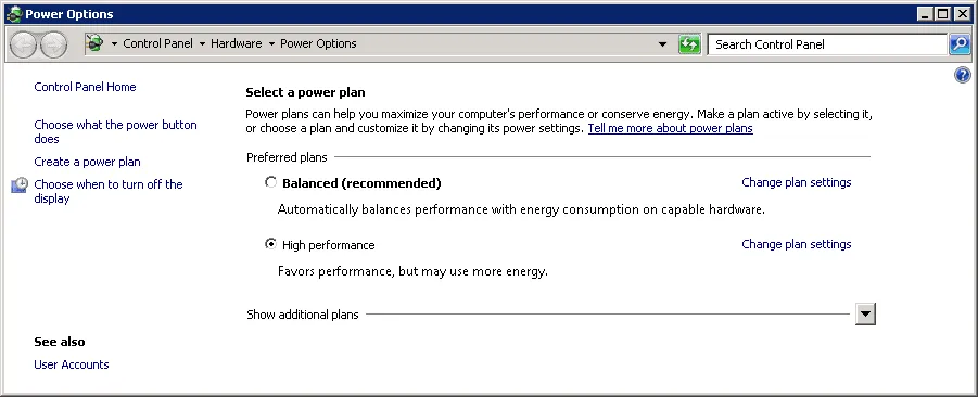 Windows Server 2008 R2 Power Options