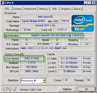 CPU-Z Showing Processor Core Speed