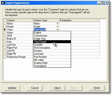 Define Import Columns screen