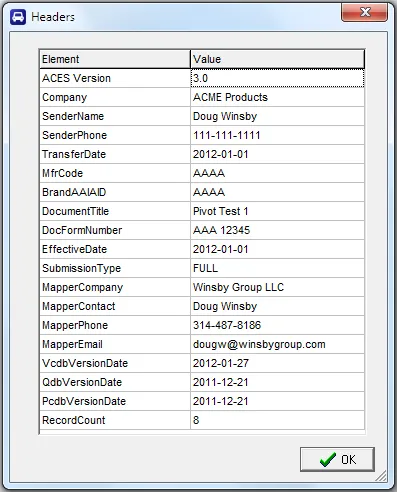 Headers dialog