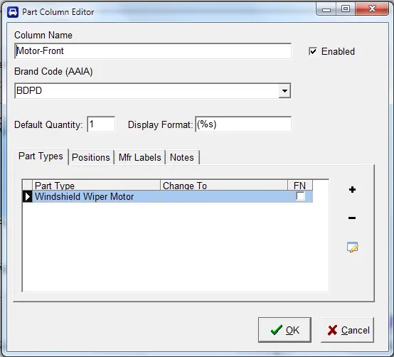 Part column editor