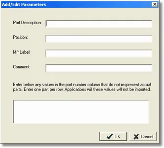 Part Number Column Parameter screen
